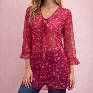 Inner Most Pink Heart Print Sheer Tunic Blouse S Romantic Y2K Valentine Retro